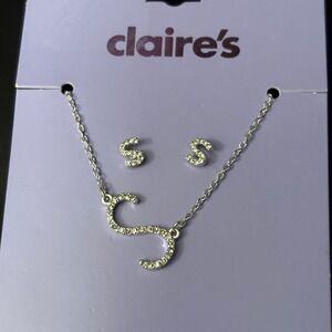 NWT Claires Silver Initial S Necklace and Earrings Set Rhinestone Letter Jewelry